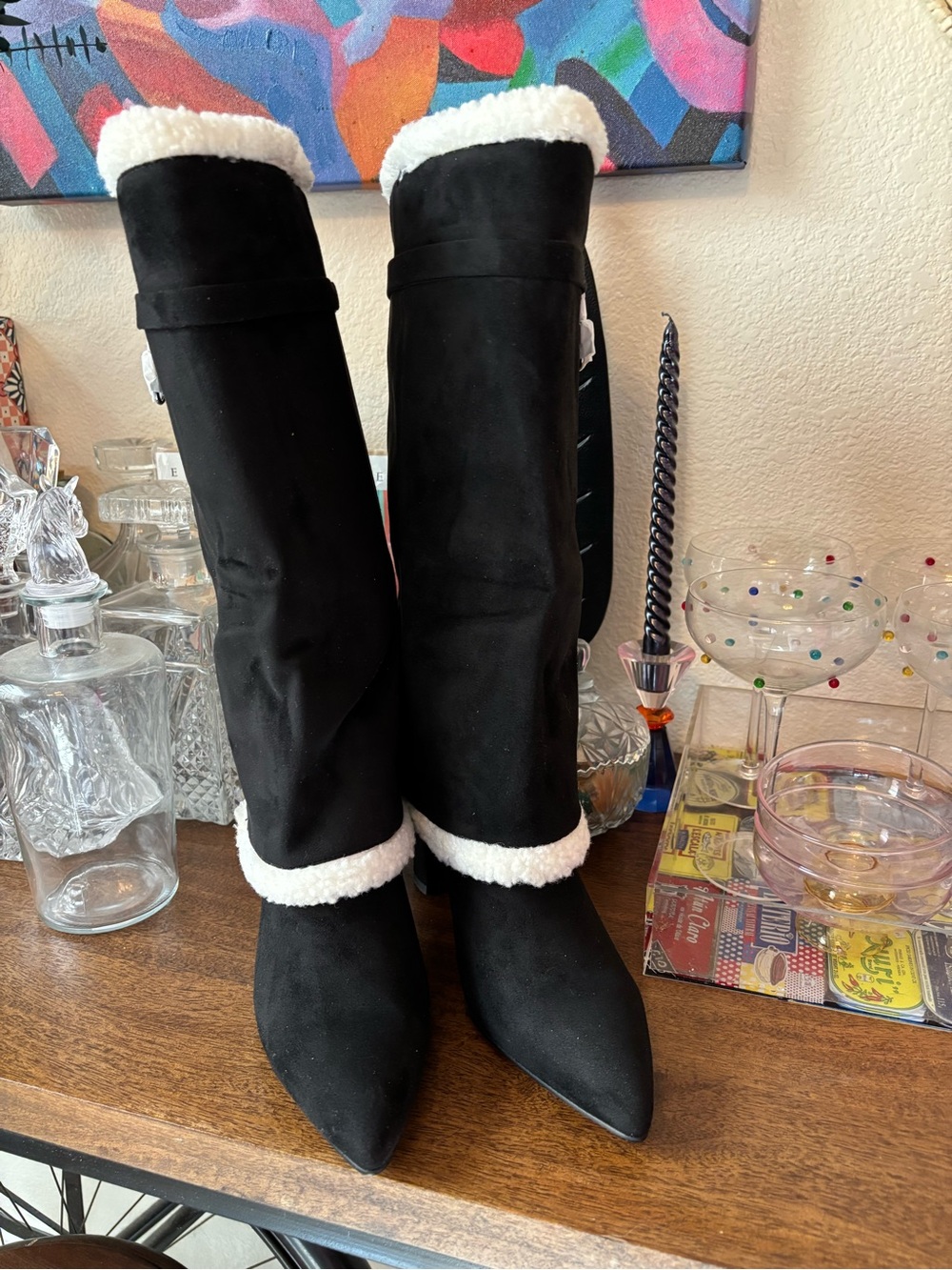 Brand New! Womens Black Faux-Suede Tall Boots with White Sherpa Trim (Size:10)